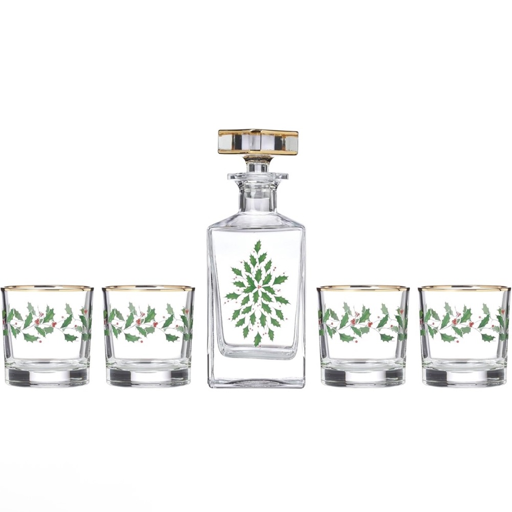 Lenox Holiday 5-Piece Decanter & Whiskey Glass Set, Christmas Dinnerware,Hosting